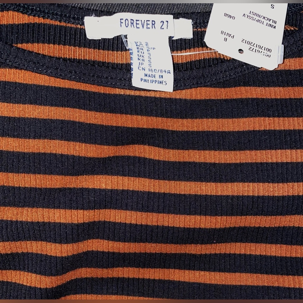 New striped top knit striped short sleeve top black orange stripes striped tee - Picture 2 of 4